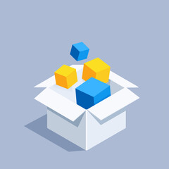 isometric vector illustration on gray background, box icon and colored cubes flying out of it, application package