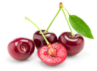 red cherry fruit with green leaf isolated on white background. clipping path