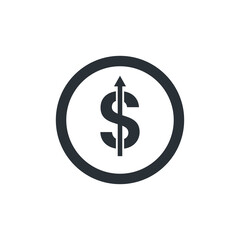 flat vector illustration on white background, dollar icon with an upward arrow in a circle, growth of currencies