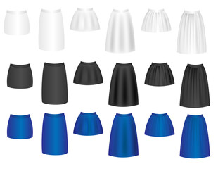 Set of female skirts isolated on white background.Flat design.Mockup template.Short and long skirts.Sign, symbol, icon or logo isolated.Realistic vector illustration.Black, gray, blue and white.