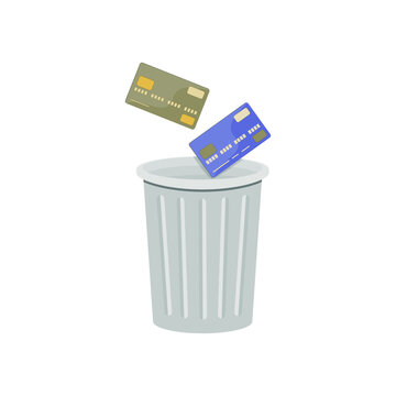 Throw plastic cards into the trash can. Vector flat cartoon illustration isolated on white background, eps 10.