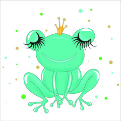 Princess frog on a white background. Fairy-tale character frog with a crown on his head. Vector illustration