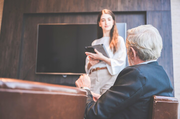 men and women in meeting room, Business Group Meeting Discussion Strategy Working Concept, Businesswoman leads meeting, brainstorming over new project.