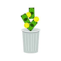 Money falls into the trash. Throw coins and bills, dollars into the trash can. Vector flat cartoon illustration isolated on white background, eps 10.
