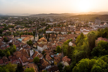 Obraz premium Aerial panorama of the Slovenian capital Ljubljana at sunset.