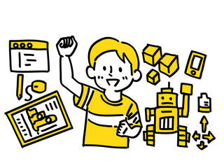 タブレット ロボット プログラミング 少年 手描き イラスト.