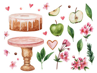 A set of cakes in watercolor