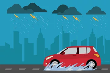 Muurstickers red car on the street in rainy day cityscape background. Drive safely in the rain season. vector illustration modern in flat design. side view. Transportation concept. © Yellow duck