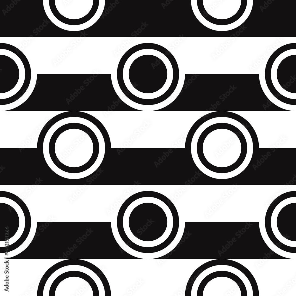 Poster black and white stripes with circles. vector seamless dots on horizontal black and white lines.