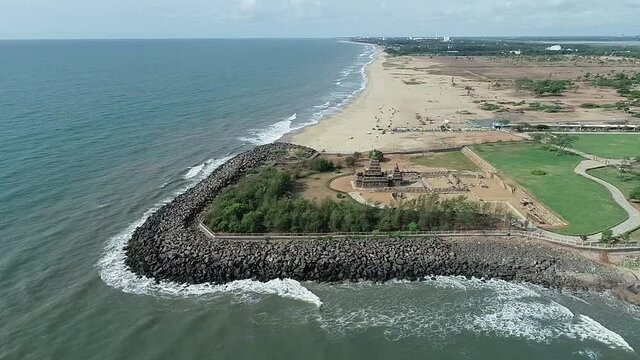 An aerial shot of the shore temple, Mahabalipuram, Tamilnadu, India