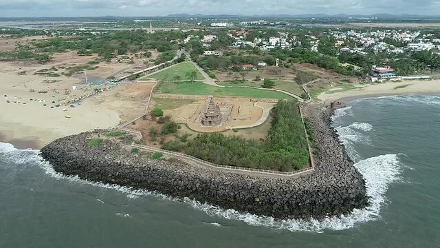 An aerial shot of the shore temple, Mahabalipuram, Tamilnadu, India