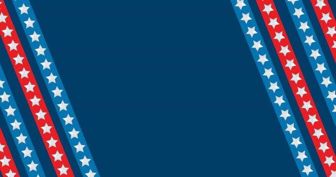 Animation of american flag diagonal stripes with copy space on blue background