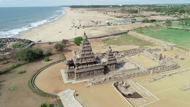 An aerial shot of the shore temple, Mahabalipuram, Tamilnadu, India