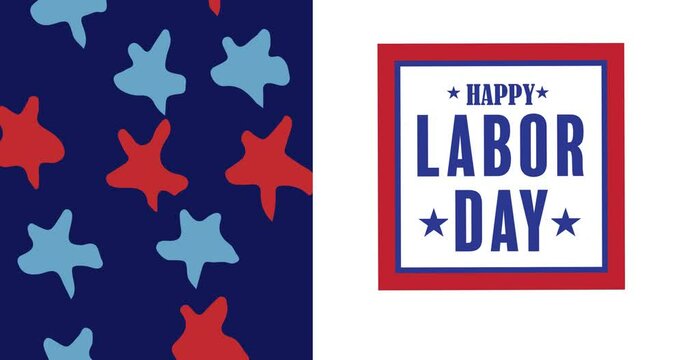 Animation of red, white and blue american flag colours with labor day text on white