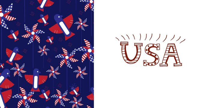 Animation of red, white and blue american flag colours with usa text on white