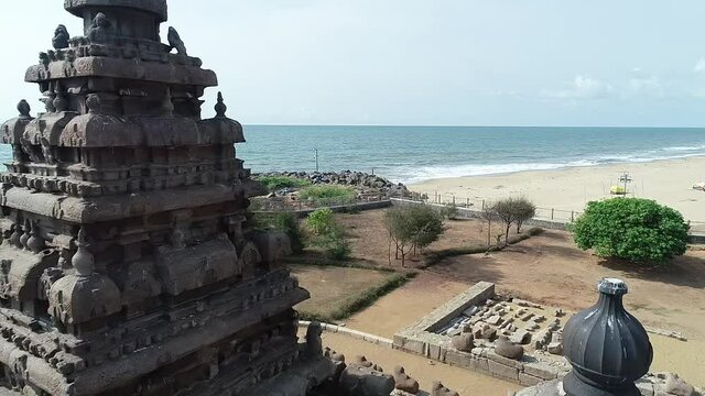 An aerial shot of the shore temple, Mahabalipuram, Tamilnadu, India