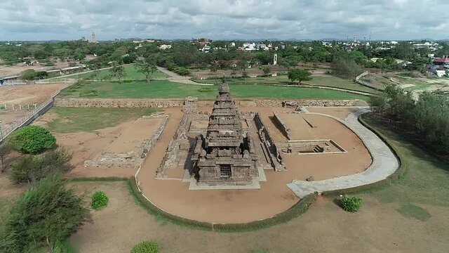 An aerial shot of the shore temple, Mahabalipuram, Tamilnadu, India