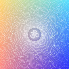 Vector sacred mandala with spiritual symbol Om. Complex graphic art with pattern of spirals. Power and energy of yoga and meditation. Shiny blue ornament on rainbow backdrop.