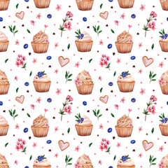 Pattern with cupcakes in watercolor