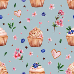 Pattern with cupcakes in watercolor