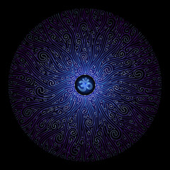 Vector sacred mandala with spiritual symbol Om. Complex graphic art with pattern of spirals. Power and energy of yoga and meditation. Shiny blue ornament on black backdrop.