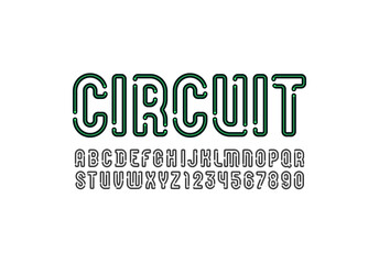 Electro trendy font, condensed green alphabet, uppercase letters from A to Z and numbers from 0 to 9 for you designs, vector illustration 10EPS