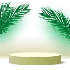 Blank podium with palm leaves. Round pedestal. Cosmetic products display platform. 3d render stage. Vector illustration.