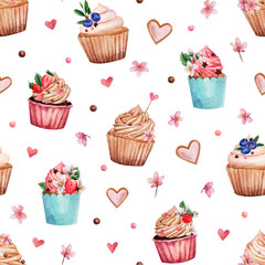 Pattern with cupcakes in watercolor