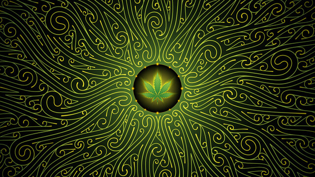 Vector sacred background with marijuana leaf. Complex graphic art with pattern of spirals. Symbol of energy and power cannabis plant. Shine ornament on black backdrop.