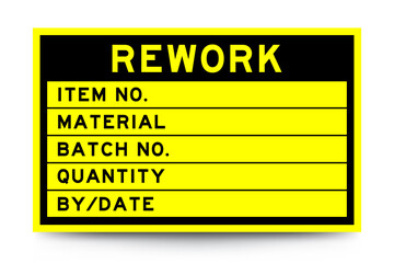 Square yellow color label banner with headline in word rework and detail on white background for industry use