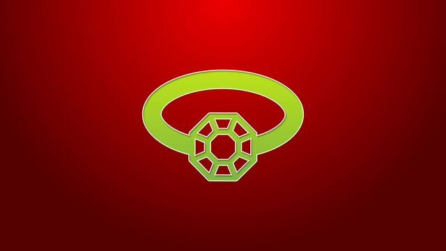 Green line Diamond engagement ring icon isolated on red background. 4K Video motion graphic animation