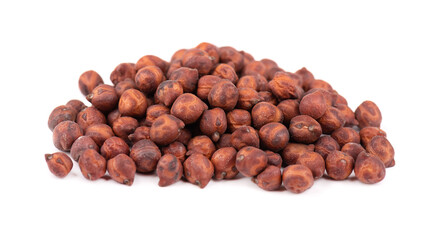 Pile of brown chickpeas, isolated on white background. Brown chickpea. Garbanzo, bengal gram or chick pea bean.