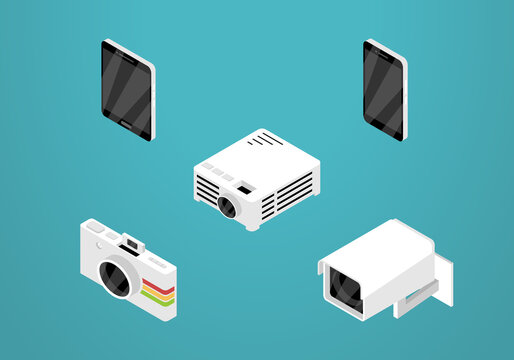 Set of isometric icon design for electronic. Smartphone, Tablet, Projector, Camera