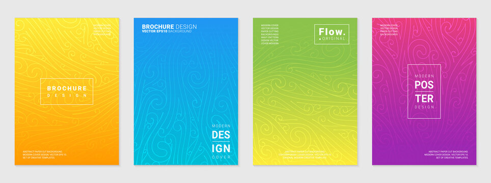 Vector set of cover design template with minimal wavy and spiral patterns, modern different color gradient.