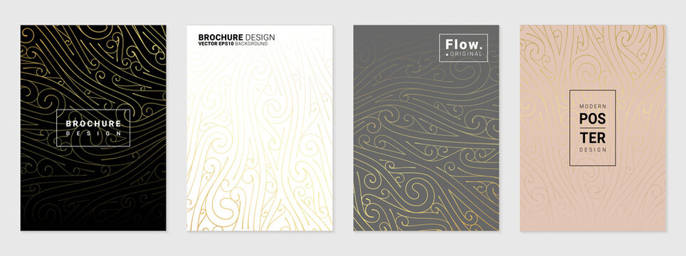 Vector set of cover design template with minimal wavy and spiral patterns, golden gradients.