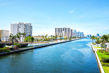 Hollywood Miami beach Florida cityscape skyline of residential skyscrapers coastal buildings condo...