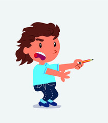 angry cartoon character of little girl on jeans with pencil points to the side