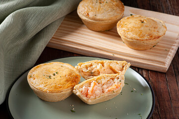 Typical Brazilian cuisine appetizer called Empada de Camarão. Top view
