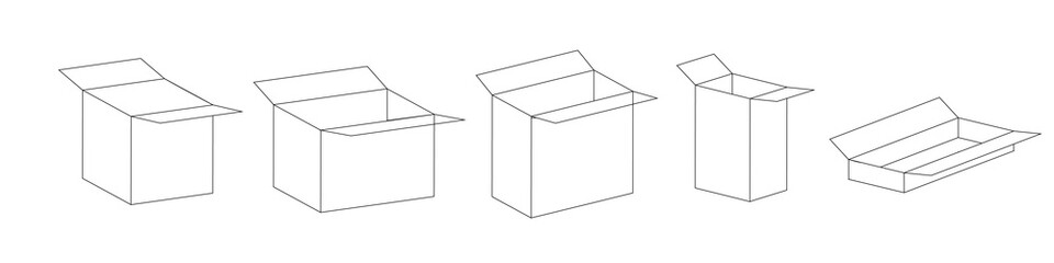 Box flat line icon set. Carton, wood boxes, product package, gift vector illustrations.