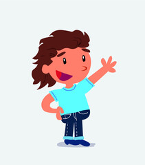 : cartoon character of little girl on jeans explaining something while pointing.