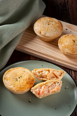 Typical Brazilian cuisine appetizer called Empada de Camarão. Top view