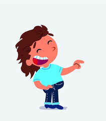 cartoon character of little girl on jeans points to his side while laughing