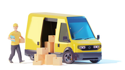 Deliveryman loading cardboard boxes in van. Postal delivery courier man holding cardboard box in front of cargo van delivering package. 3d illustration. Express delivery concept