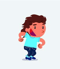 Euphoric cartoon character of little girl on jeans makes plans