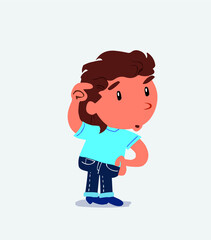  funny cartoon character of little girl on jeans doubting