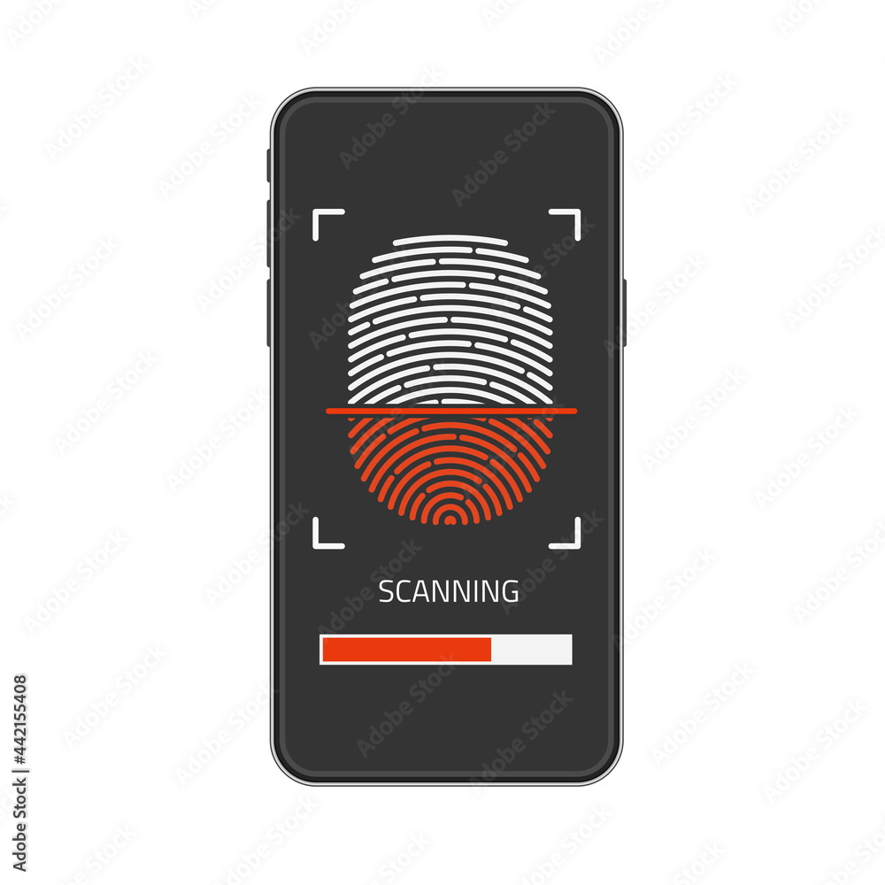 Poster realistic smartphone mock up and fingerprint scanning on screen. id security, personal access via fi