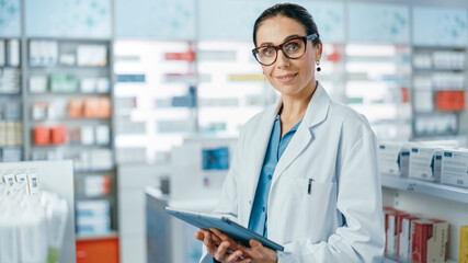 Pharmacy: Portrait of Professional Beautiful Caucasian Female Pharmacist Uses Digital Tablet...