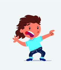  Scared cartoon character of little girl on jeans points to the side