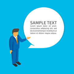 Businessman with speech bubble. Man talking, expresses his thoughts. Advertising, presentations, brochures, blogs, documents and forms concept. Vector illustration EPS 10.