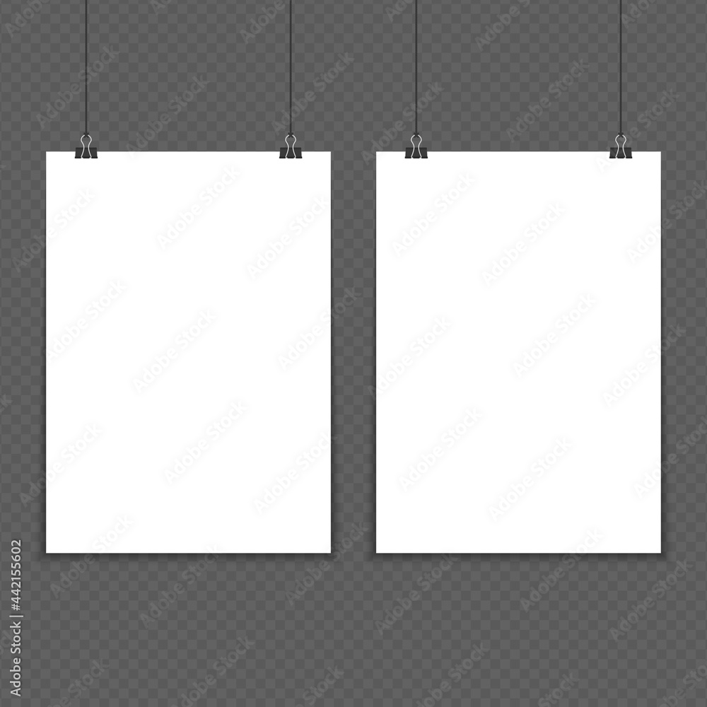 Poster two empty white a4 sized vector paper mockup. realistic vertical poster mock-up isolated on vintage 